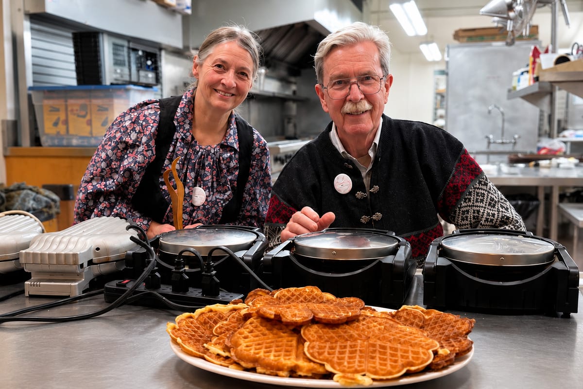 Keith and Sherry displaying the vaffler Keith made for the Saturday evening snack table.