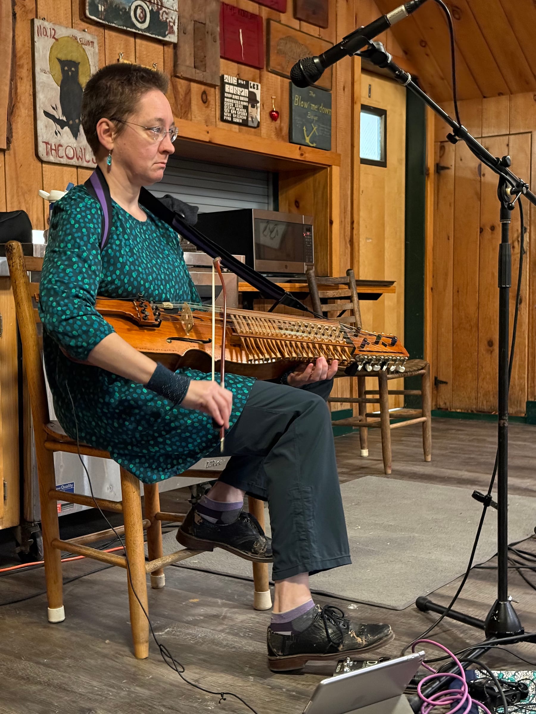 lydia ievins playing nyckelharpa during a Swedish dance set.