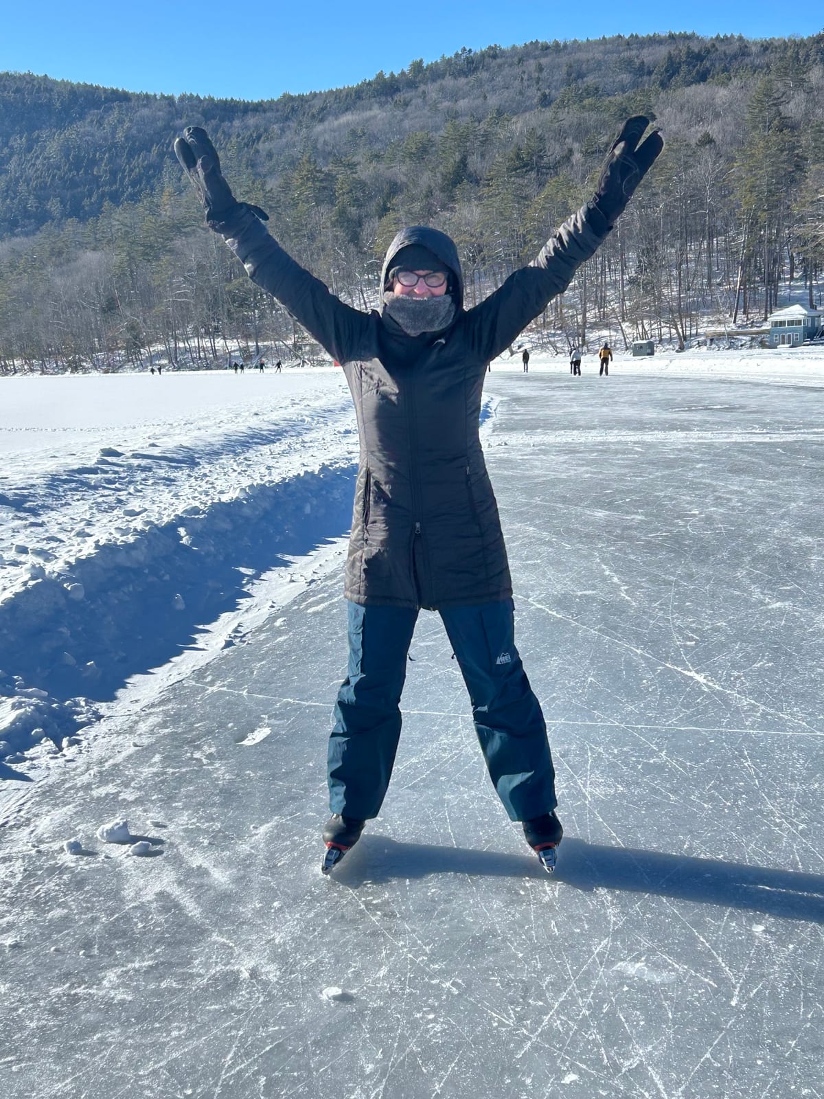 Perfect ice conditions on the groomed ice skating trail (Lake Morey located across from Hulbert Outdoor Center). Petra enjoying some Nordic skating on a fantastic sunny day!
