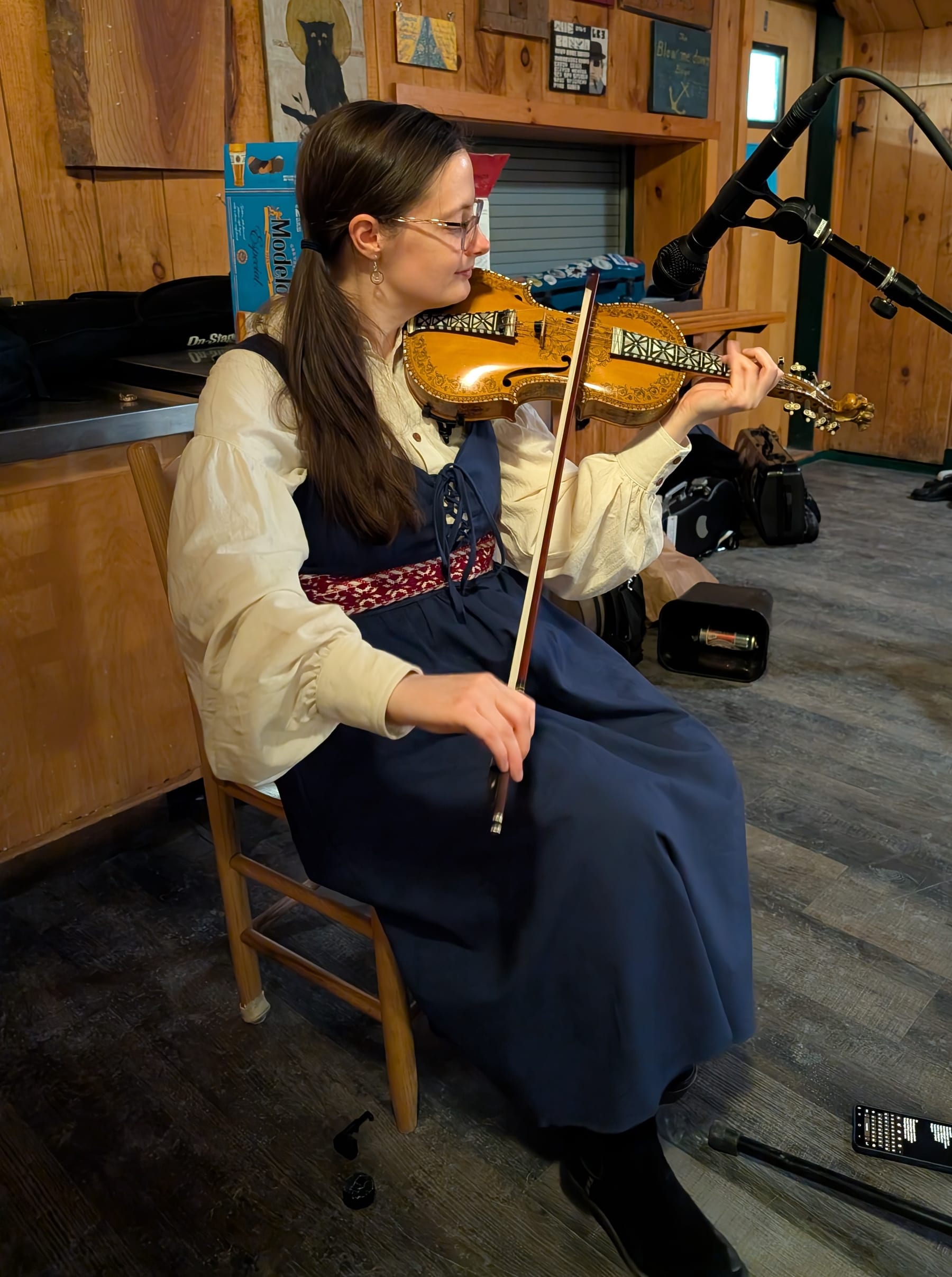 Laura playing fiddle during the Saturday evening dance party at Ski Dance Weekend 2026.